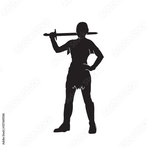 Silhouette of a swordsman girl on white background.