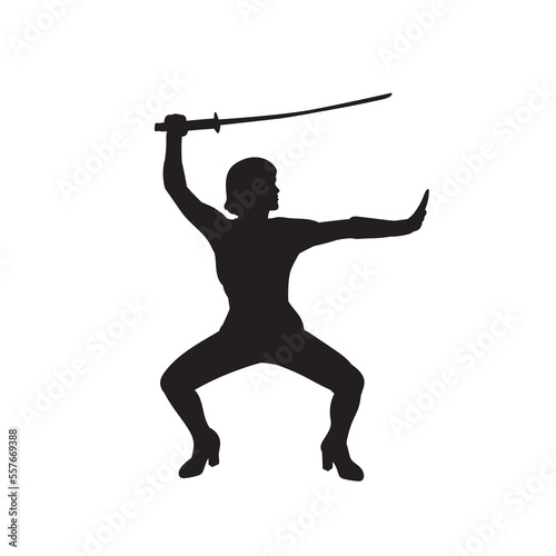 Silhouette of a swordsman girl on white background.