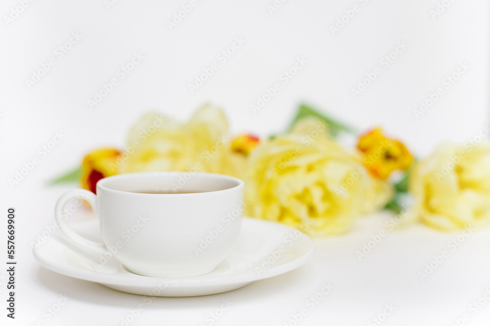 White porcelain tea cup and bright spring flowers tulips