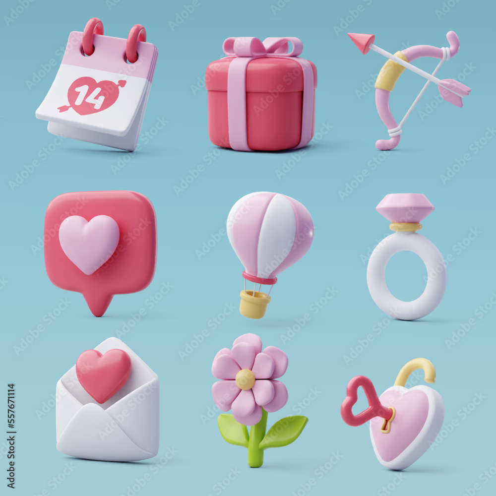Fototapeta premium 3d Vector icon set of Valentine's day and love anniversary, Valentine's Day Concept.