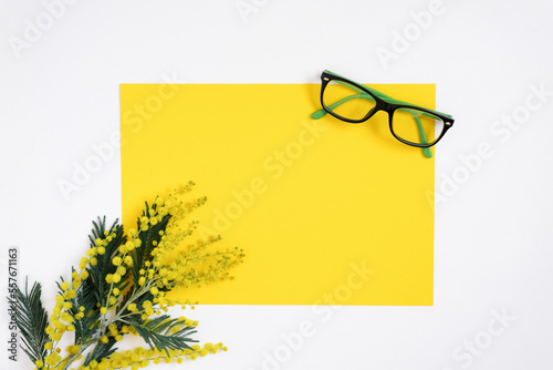 On a white background flat lay with a yellow mimosa flower, glasses, a female floral desktop. The concept of a stylish spring morning. top view and copy space