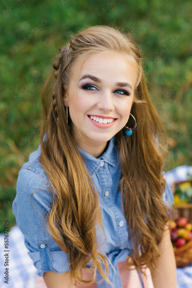 Portrait of a beautiful sweet young woman with long brown hair and a radiant dazzling smile Portrait of a beautiful sweet young woman with long brown hair and a radiant dazzling smile