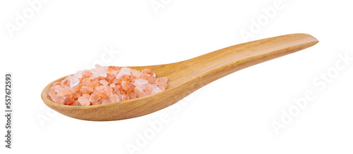 Himalayan salt raw crystals in wood spoon Isolated on transparent png