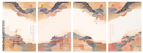Set of Japanese background. Ukiyoe traditional illustration of landscape, mountains, pagoda, Sakura.