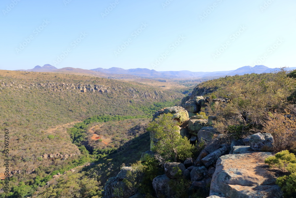 Blyde River Canyon and The Three Rondavels (Three Sisters) in Mpumalanga, South Africa. The Blyde River Canyon is the third largest canyon worldwide