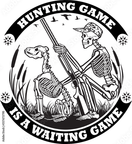 Black silhouette of a skeleton hunter, with a skeleton dog, Duck hunting
