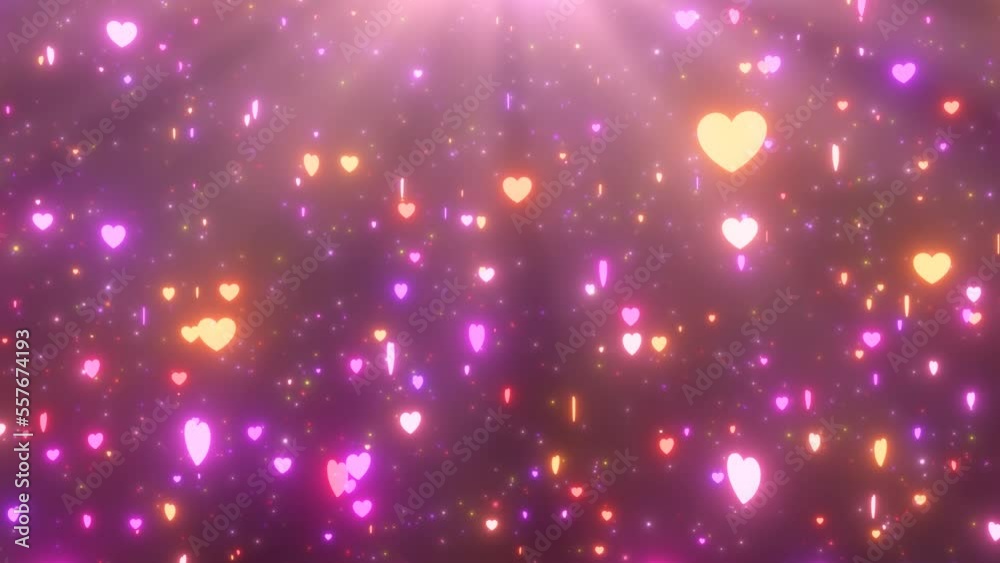 Gorgeous Falling Neon Glowing Red and Pink Hearts Spinning Slowly - 4K Seamless VJ Loop Motion Background Animation