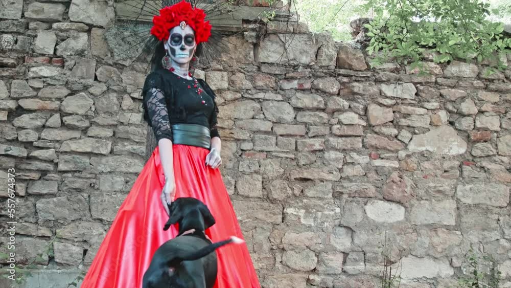 A young Woman with a design on her face in the style of the Goddess of Death treats a black dog. Kindness and tenderness of the ancient holiday Day of the Dead A young Woman with a design on her face in the style of the Goddess of Death treats a black dog. Kindness and tenderness of the ancient holiday Day of the Dead