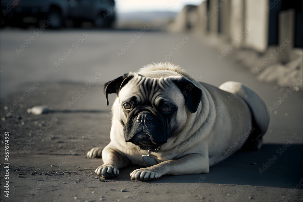cute purebred pug dog animal lying on a road, copy space, winkled on his face, Generative AI