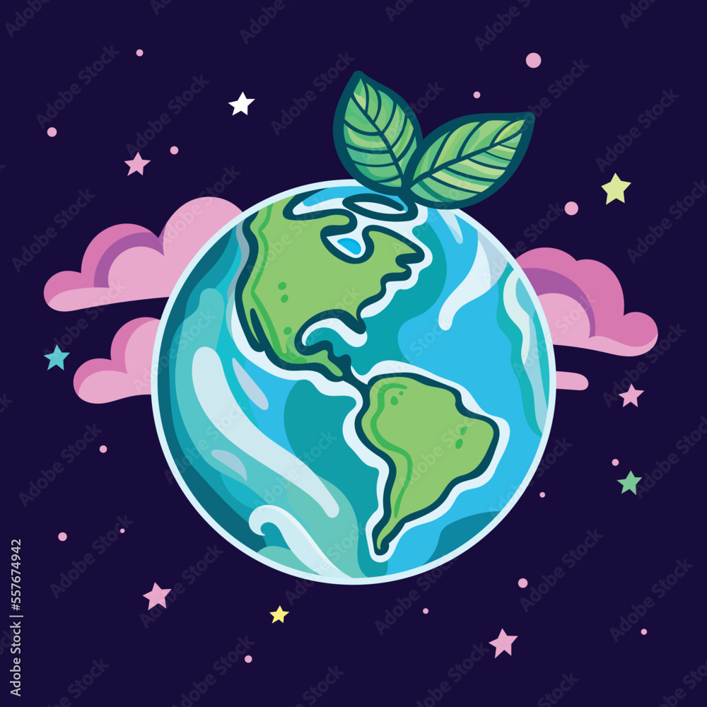 Fototapeta premium Planet earth with a green sprout on top. Ecology friendly concept. Earth day icon vector illustration.