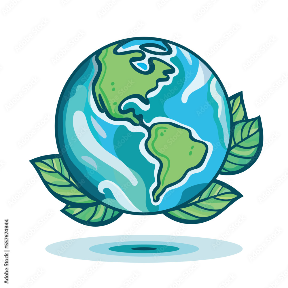 Planet earth with green leaves around. Ecology friendly concept vector illustration. Earth day icon.