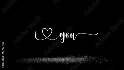 I love you animation with white handwritten text bouncing and falling particles on sparkling floor on black and green screen background perfect for greeting someone you love.