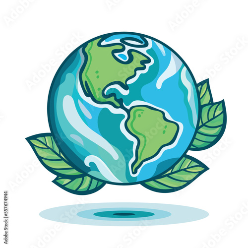 Obraz na płótnie Planet earth with green leaves around. Ecology friendly concept vector illustration. Earth day icon. w salonie
