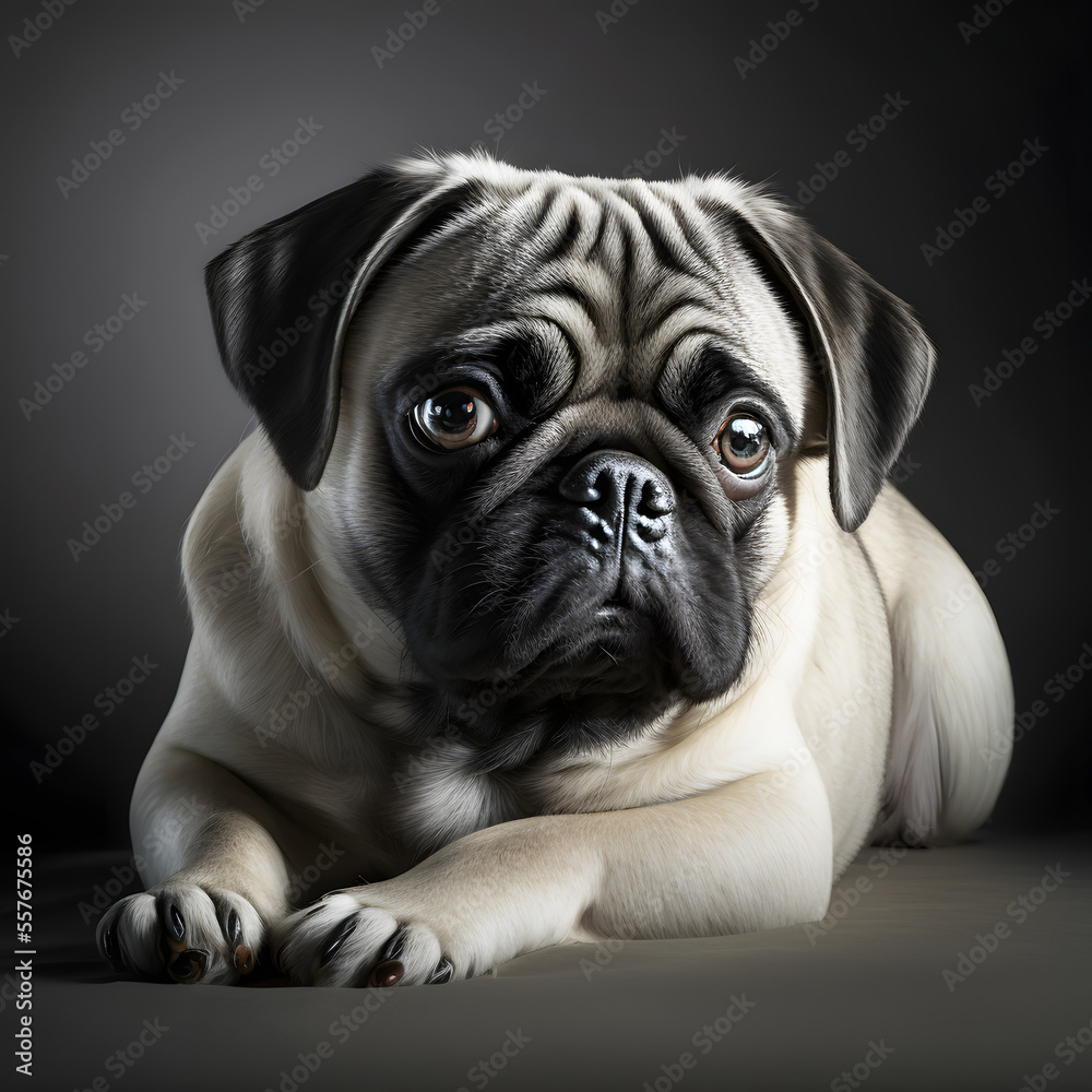 cute purebred pug dog animal with isolated black background lying on the ground, copy space, winkled on his face, Generative AI