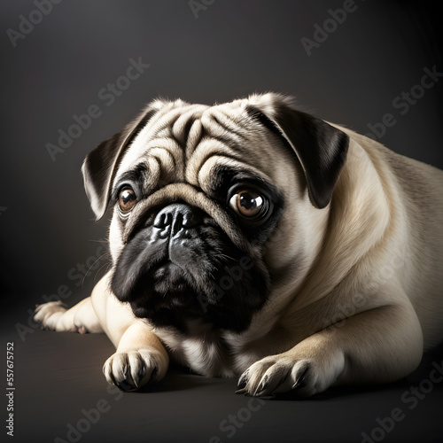 cute purebred pug dog animal with isolated black background lying on the ground, copy space, winkled on his face, Generative AI