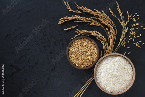 Obraz na płótnie Paddy and rice in baskets placed on a black background with ears of rice. w salonie