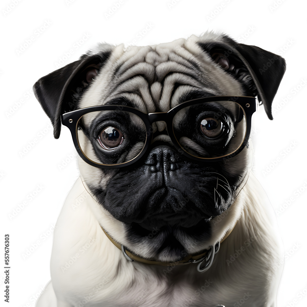 cute purebred pug dog animal wearing specs with isolated white background, copy space, winkled on his face, generative ai