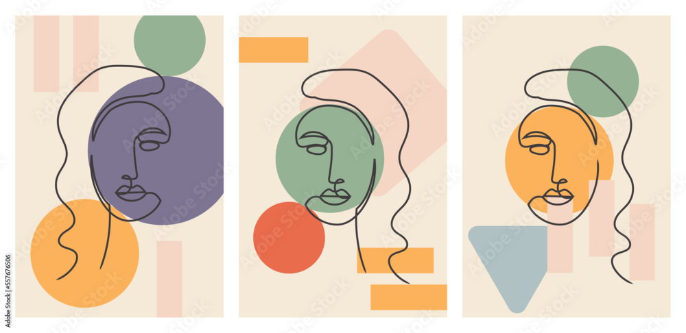 Set of portrait modern abstract surreal face one line drawing with abstract geometric art style. Abstract art design for print, cover, wallpaper, minimal and natural wall art. Vector illustration. Set of portrait modern abstract surreal face one line drawing with abstract geometric art style. Abstract art design for print, cover, wallpaper, minimal and natural wall art. Vector illustration.