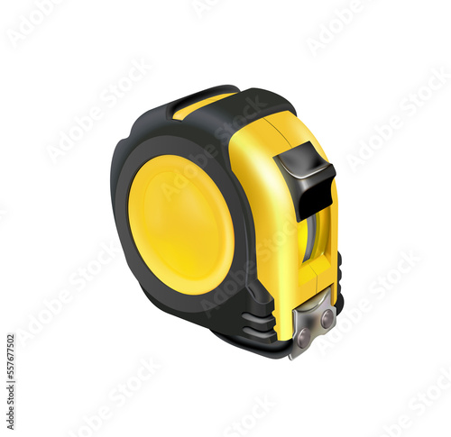 Realistic Tape measure isolated. Photo-realistic roulette construction tool isometric. Length measuring. Design case in yellow-black version. png