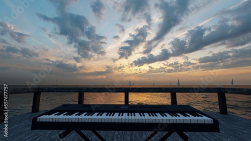 keyboard piano in pier with beautiful sea view