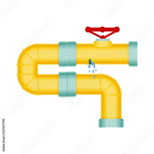 Broken pipes with a leak of steam or lead gas, rupture of the pipeline. Dripping faucet, problems with water supply, broken pipes. Wind illustration isolated on white background.