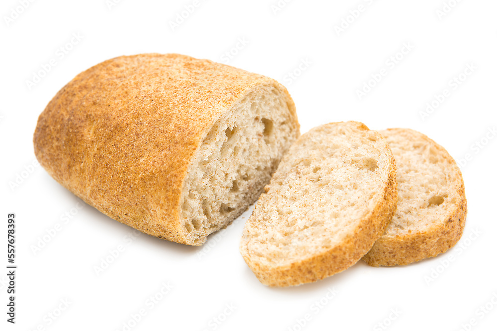 Slice of ciabatta ( Italian bread ) isolated on white background. Copy space. Slice of ciabatta ( Italian bread ) isolated on white background. Copy space.