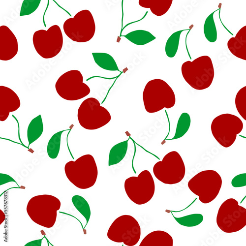 Seamless pattern made of drawings of red cherries with green leaves. You can easily change the background color.