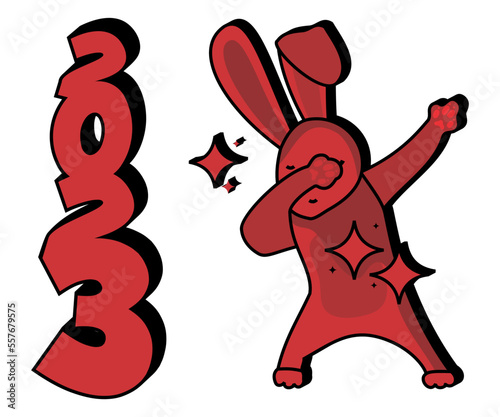 An abstract vector illustration of a rabbit in a triumphant dab dance pose for New Year 2023 