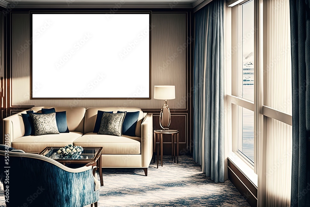 Fototapeta premium illustration of mock-up wall decor frame is hanging in cozy minimalism living room with comfort sofa