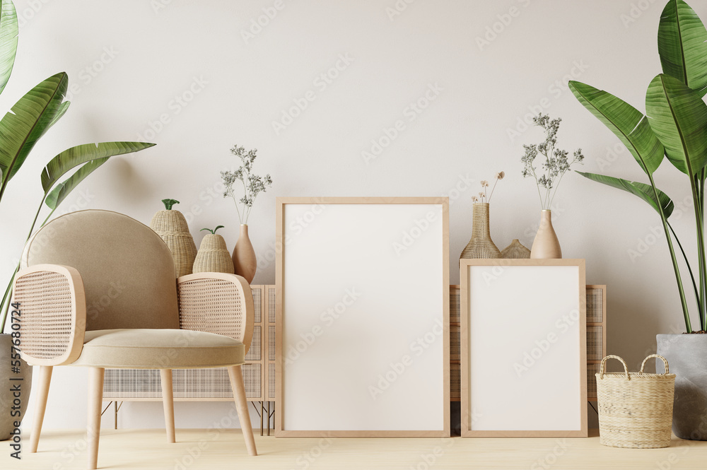 Frame and poster mockup in Boho style interior. 3d rendering, 3d illustration Frame and poster mockup in Boho style interior. 3d rendering, 3d illustration