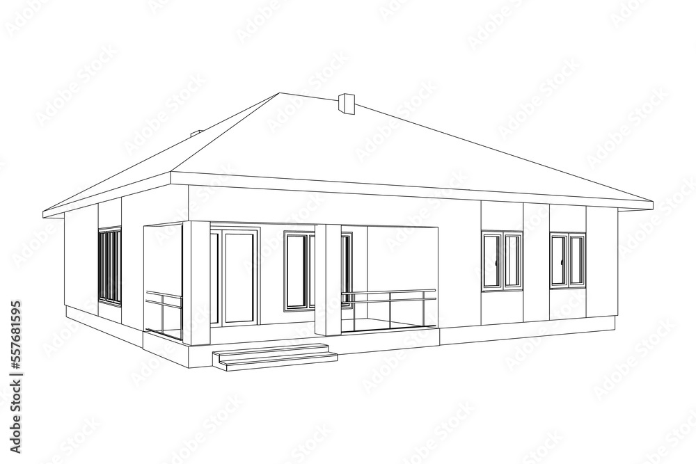Perspective 3D suburban house. Drawing of the modern building. Cottage project on white background. Vector blueprint.