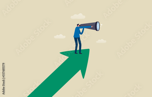 Searching for opportunities. Business concept.Businessman stands on rissing arrow.