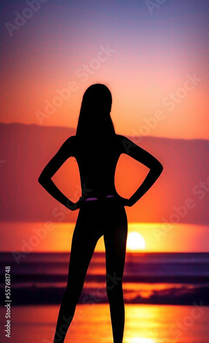 Silhouette of a woman with long hair in the rays of the evening sunset on the beach