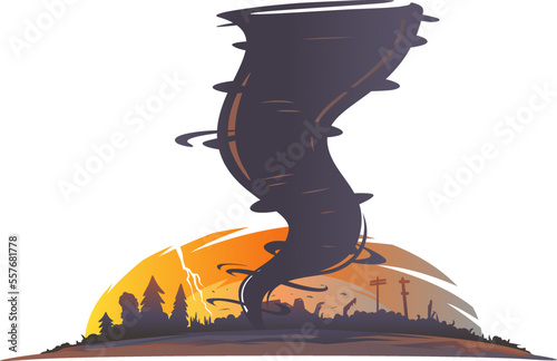 Tornado landscape silhouette with spiral twists destroys all around, illustration of dangerous natural phenomenon, isolated