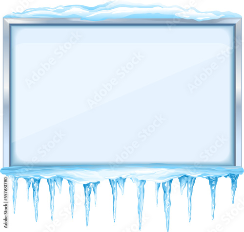 Empty snowy winter bulletin board with icicles and metal frame, frozen bulletin board with icicles and snow