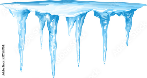 Blue frozen icicle cluster hanging down from snow isolated illustration, frozen drops of water hang from the roof, falling icicles weather danger