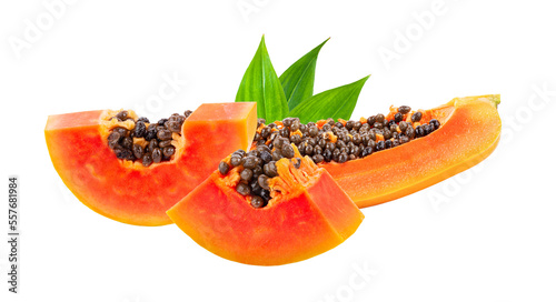 Piece of ripe papaya fruit with seeds isolated on transparent png