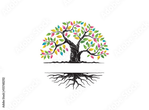 Tree and roots with colorful leaves, abstract tree logo in circle shapes