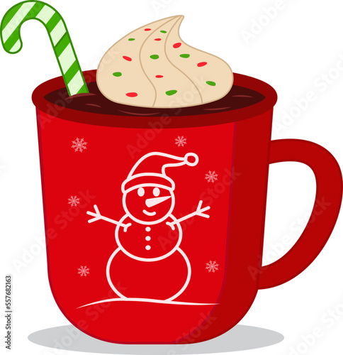 Hot chocolate with lollipops in a red cup for Christmas. Merry Christmas and New Year cup with sweets. Elements of vector design.Suitable for Christmas design and coloring, advertising, postcards