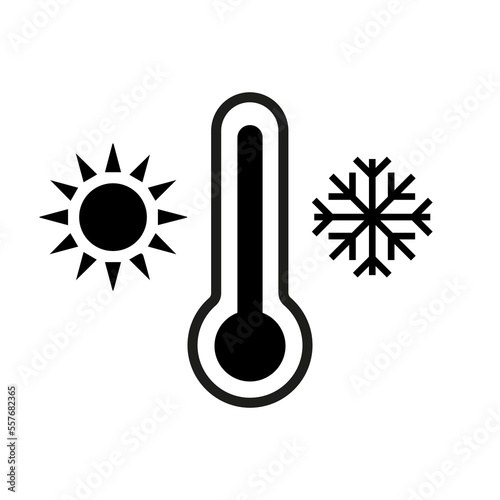 Thermometer with cold and hot symbols. Sun and snowflake icon, Isolated vector illustration
