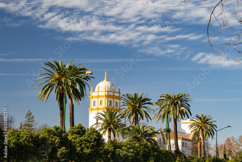 Andalucian church and palm trees in Seville