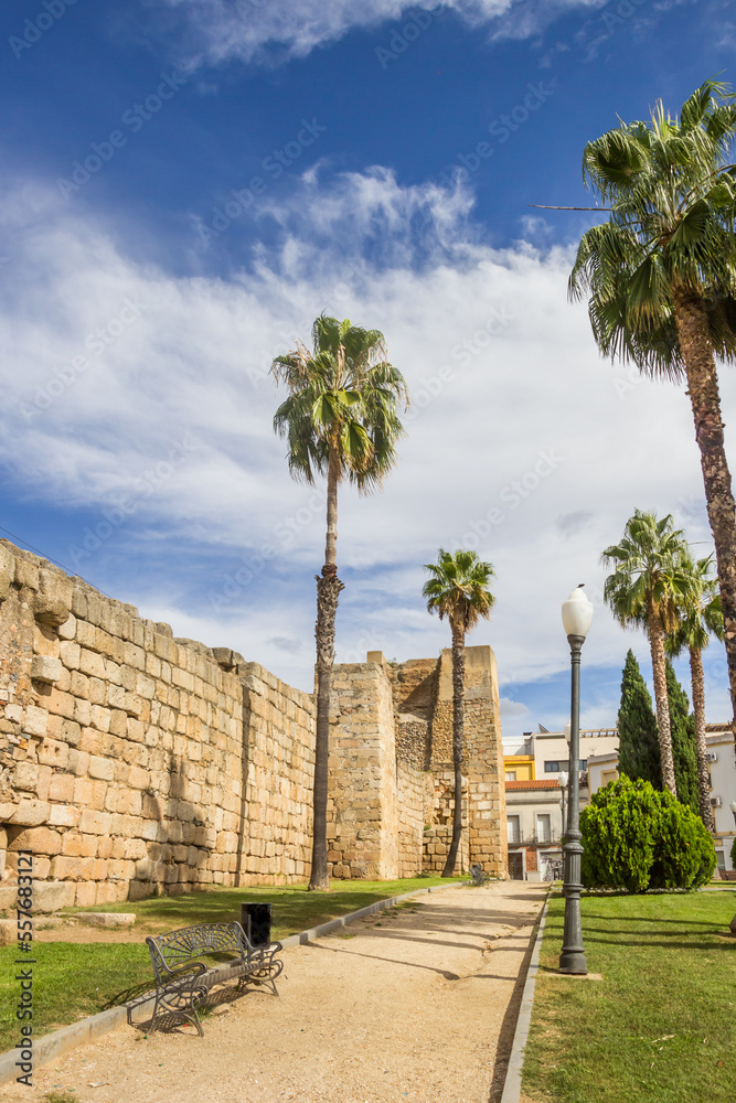 Palm trees at the historic surrounding city wall of Merida, Spain