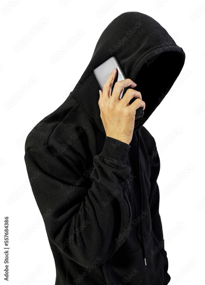 Man in black hoodie on white background. Hacker. Stealing mobile data.