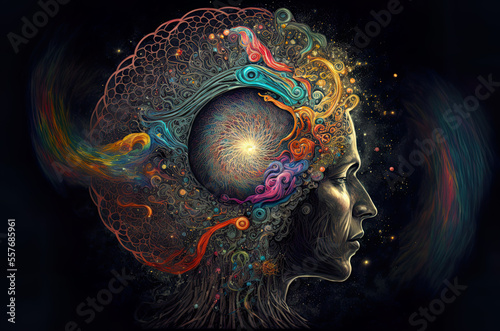 Meditation activates chakra, third eye and pineal gland. Connection to the universe, being one with the cosmos, spirituality, esoteric, awesome wholeness, illustration, generative ai photo