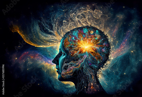 Meditation activates chakra, third eye and pineal gland. Connection to the universe, being one with the cosmos, spirituality, esoteric, awesome wholeness, illustration, generative ai
