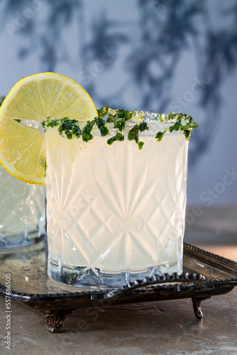 Sparkling basil infused vodka and lemonade cocktail