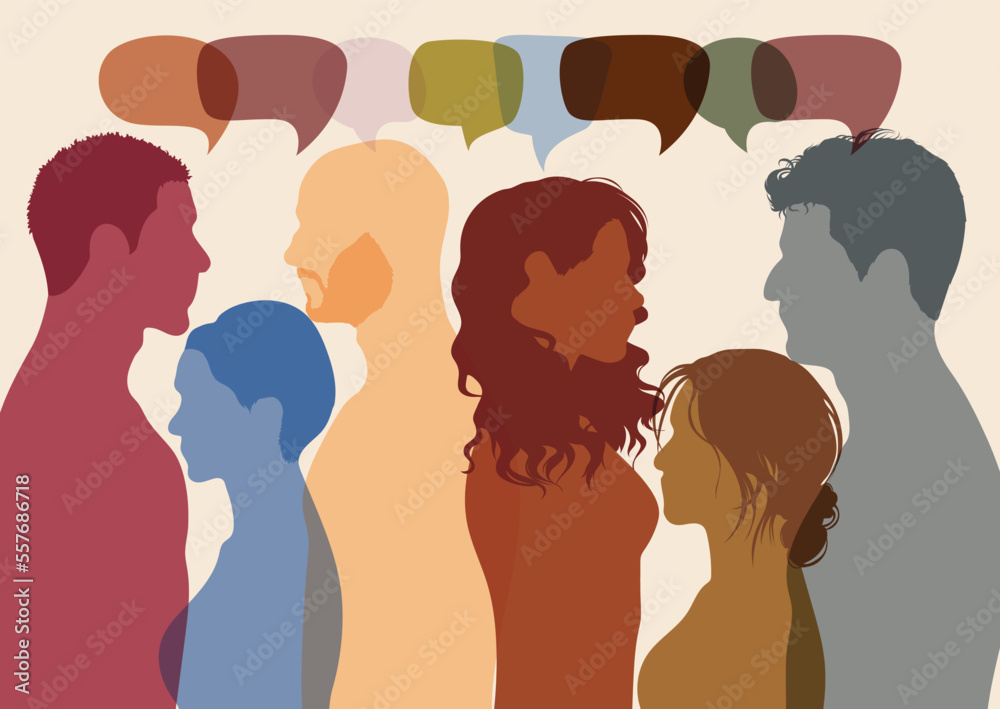 Communication and ideas are shared by many multi-ethnic people. A feeling of confusion. Population of diverse ethnicities. People talking in the crowd and people from different backgrounds.