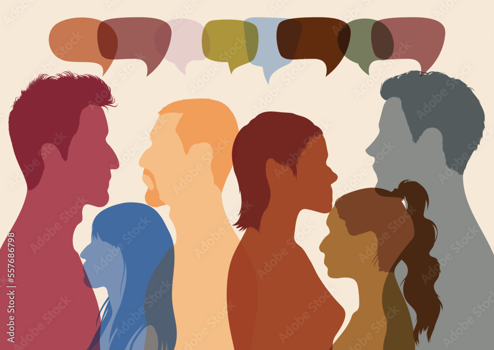 People of different races communicating with each other. Communicate via social networks. Speech bubbles. People who speak different languages from different ethnicities and cultures.