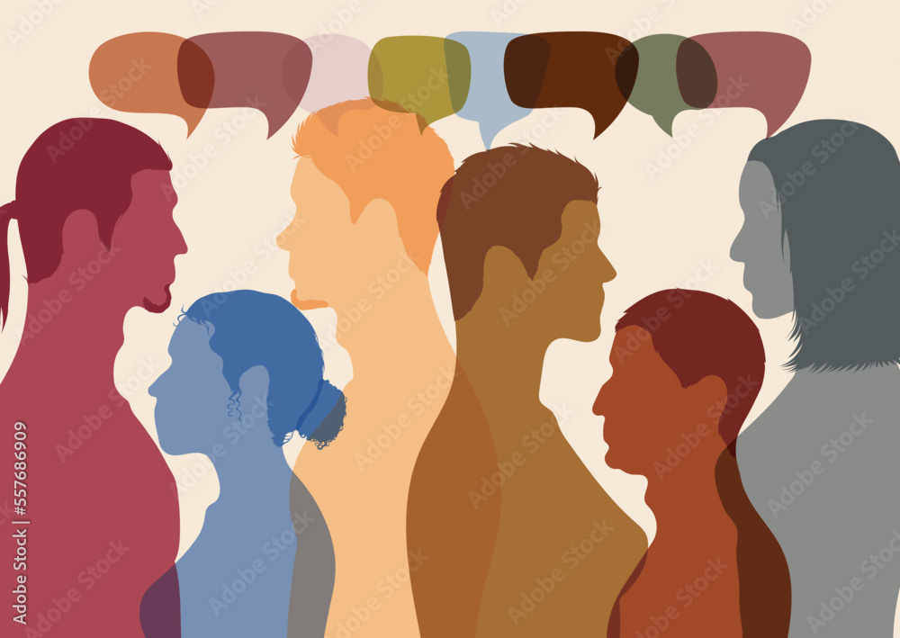 People conversing with each other. Profile with multiple colours. Group of people talking, with speech bubbles in the background. Using social networking to communicate.