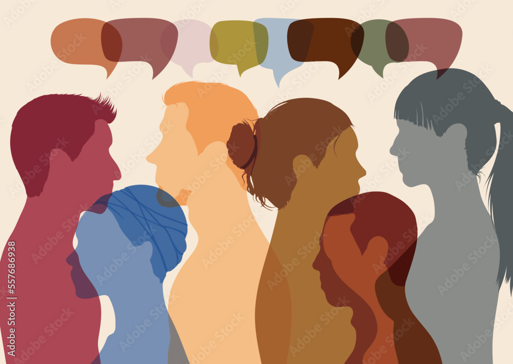 An expression of opinions, evaluations, and feedback. Conversation and communication among diverse groups. Business people with speech bubbles from different cultures. Vector illustration